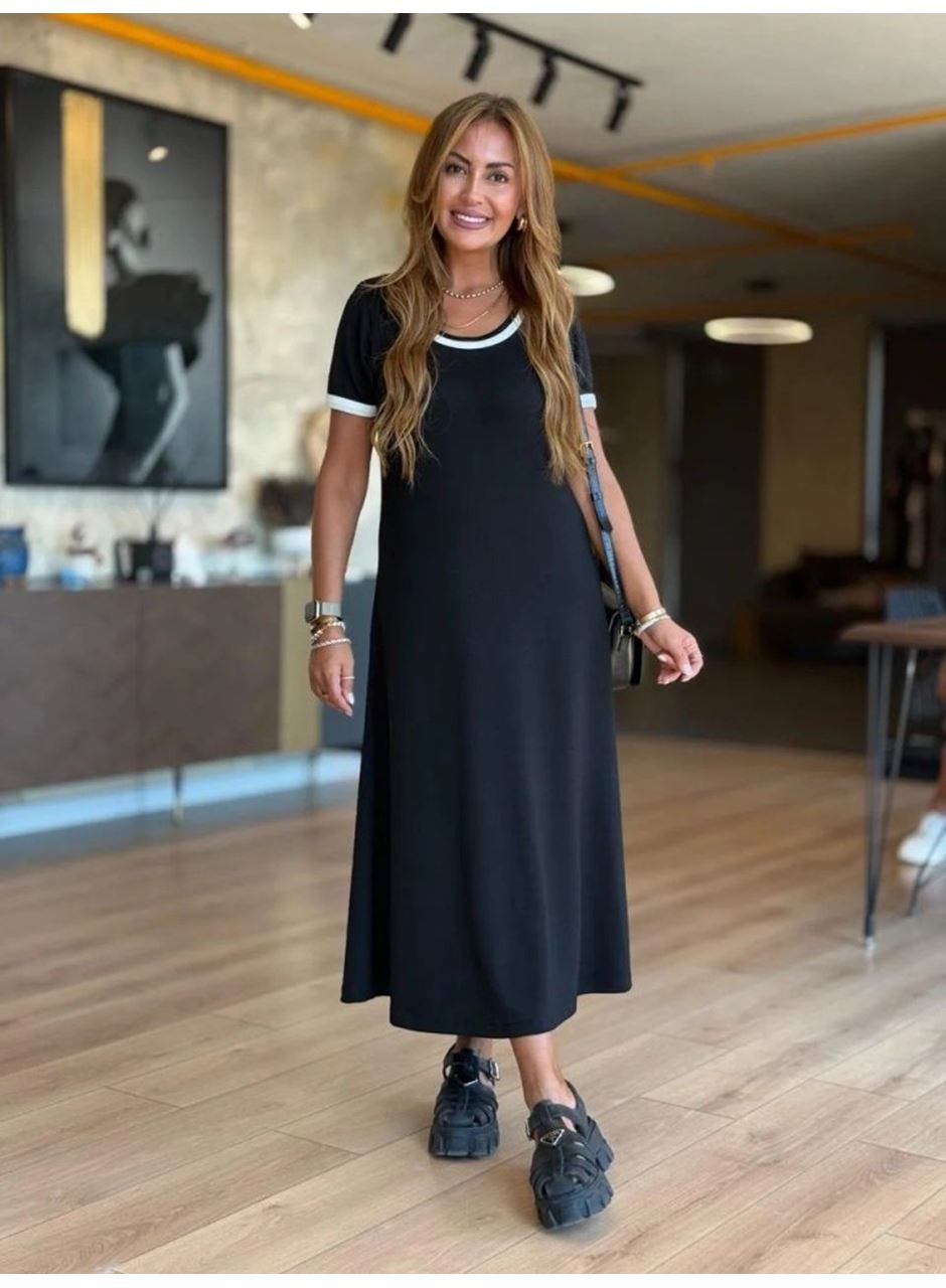 Kadın Kısa Kollu Yuvarlak Yaka Yandan Yırtmaçlı Midi Viskon Elbise