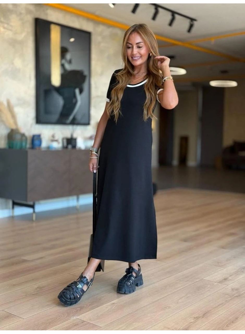 Kadın Kısa Kollu Yuvarlak Yaka Yandan Yırtmaçlı Midi Viskon Elbise