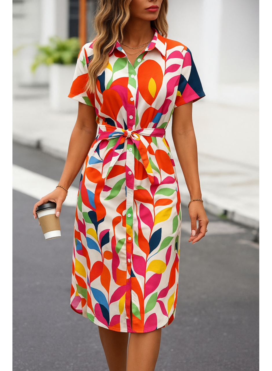 Kadın Kısa Kollu Yakalı önü Düğmeli önden Drapeli Desenli Süprem Elbise