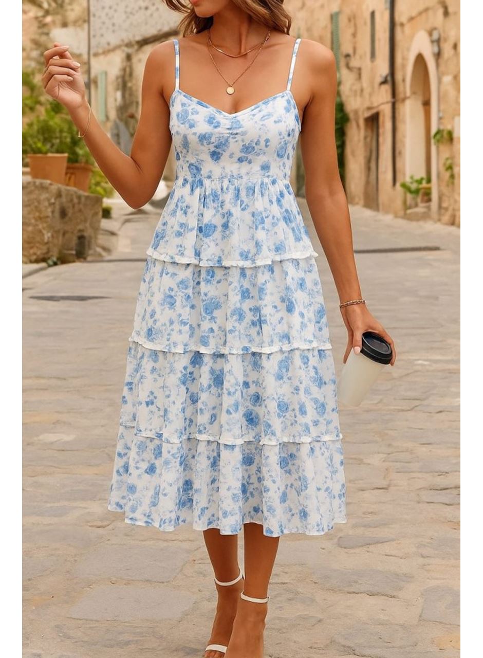 Kadın Sıfır Kol Askılı Dekolteli Yırtmaç Detay çiçek Baskılı Süprem Midi Elbise