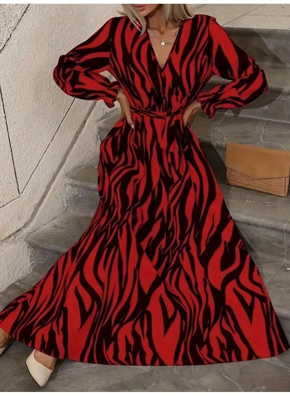 Kadın Uzun Kollu Kruvaze Yakalı Kuşaklı Zebra Desenli Süprem Maxi Elbise