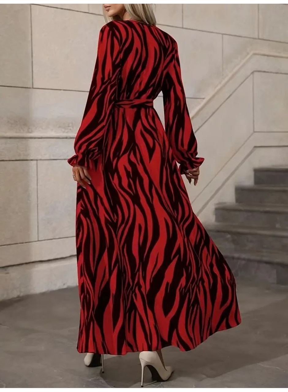 Kadın Uzun Kollu Kruvaze Yakalı Kuşaklı Zebra Desenli Süprem Maxi Elbise
