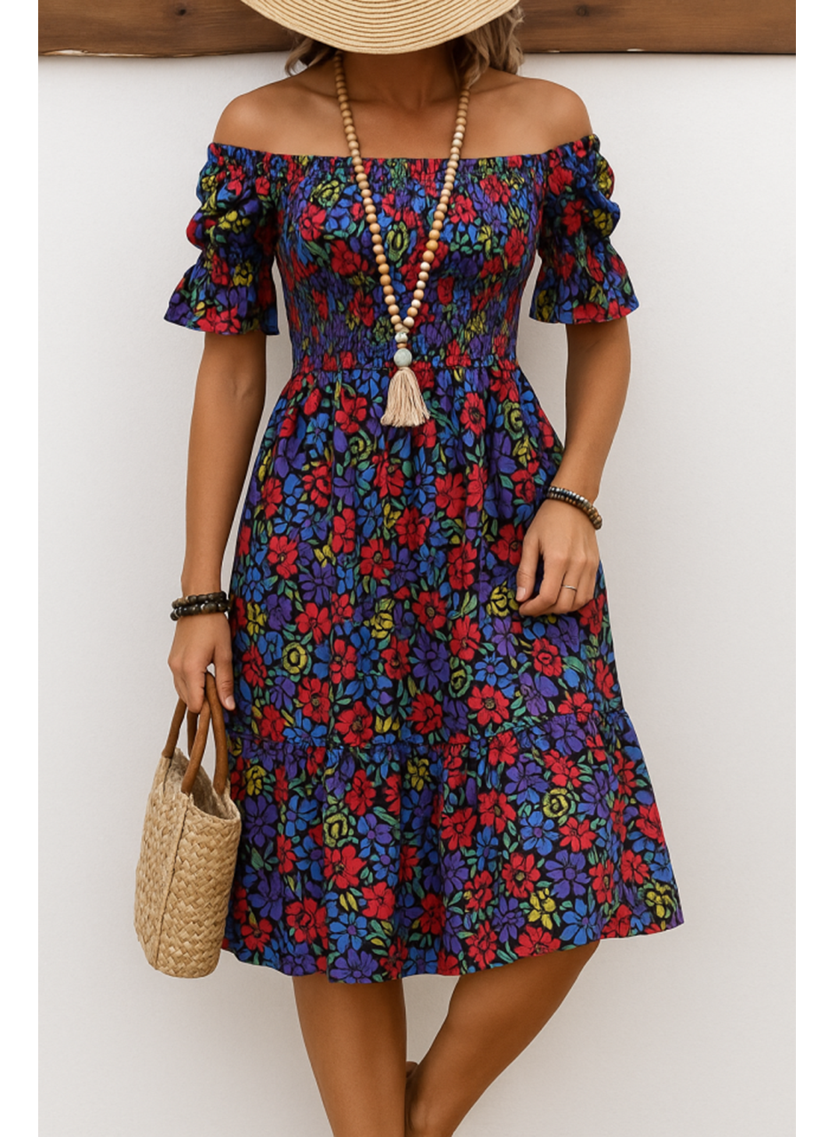 Kadın Kısa Kollu Kare Yakalı Beli Lastikli çiçek Desenli Mini Süprem Elbise