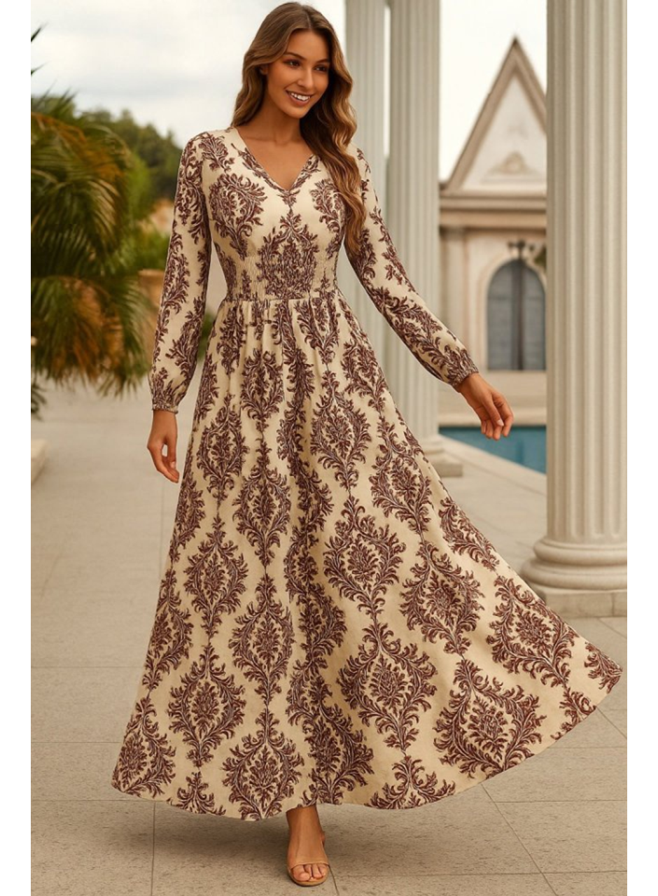 Kadın Uzun Kollu V Yakalı Desenli Süprem Elbise