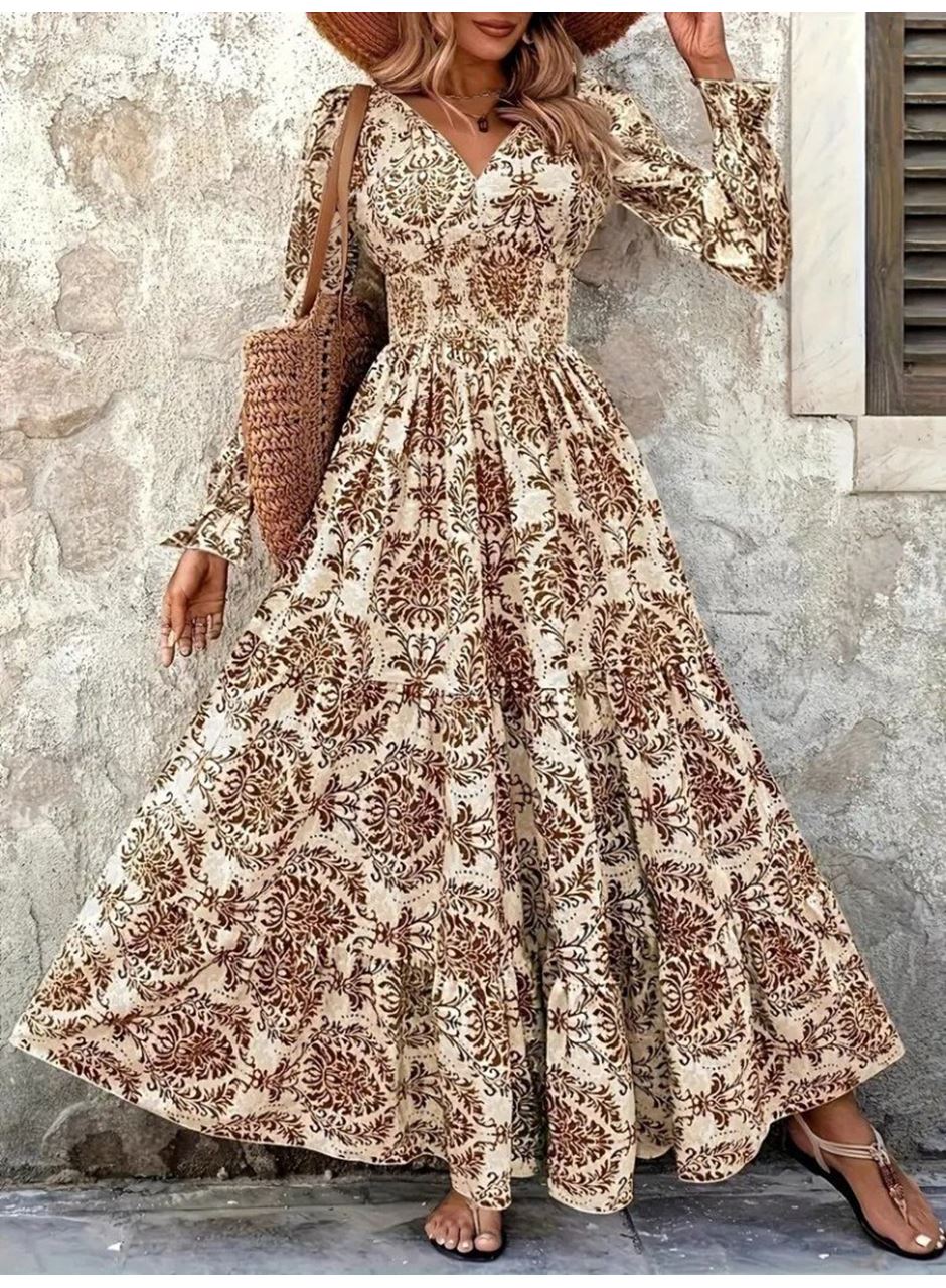 Kadın Uzun Kollu V Yakalı Desenli Süprem Elbise