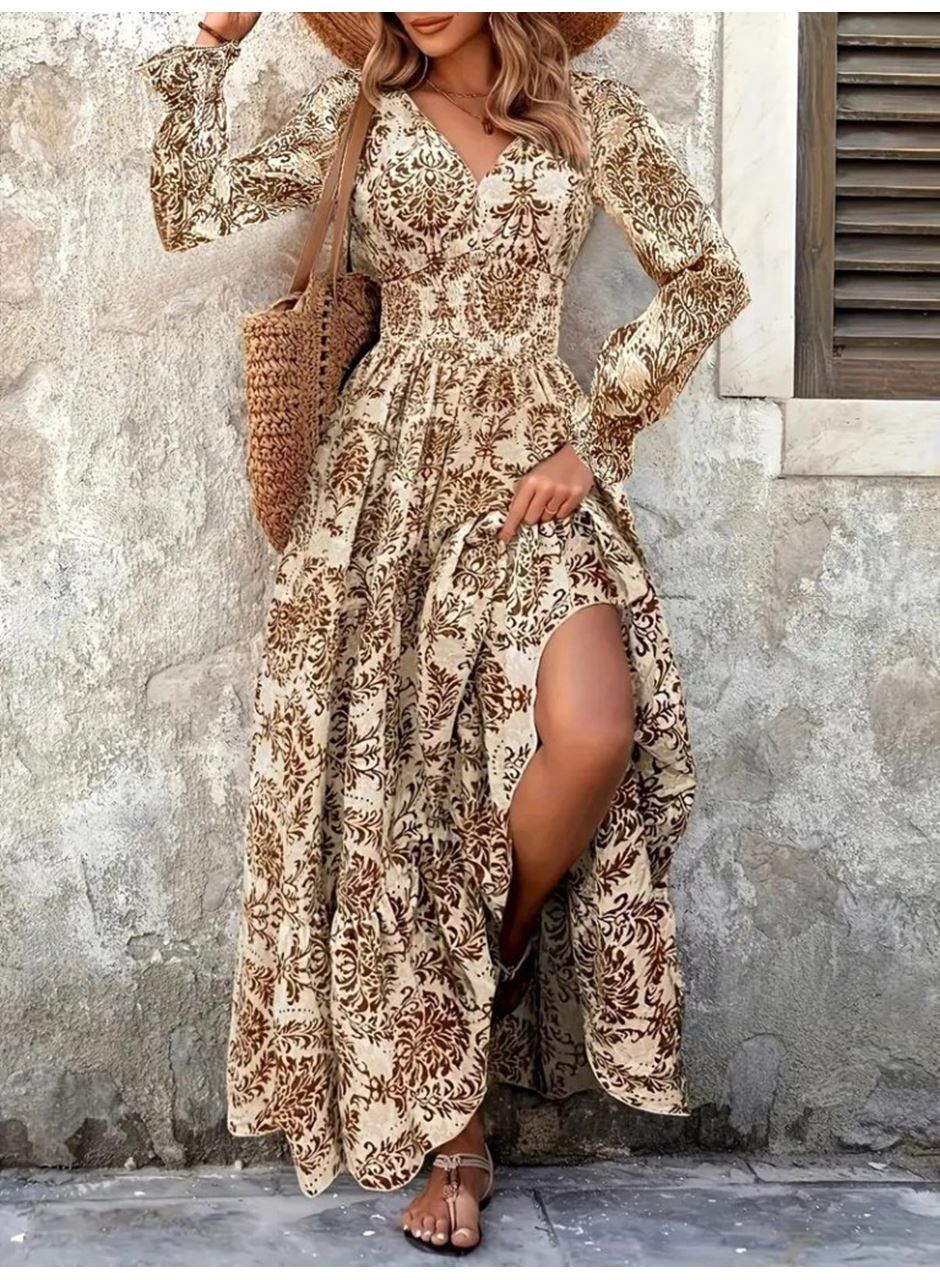 Kadın Uzun Kollu V Yakalı Desenli Süprem Elbise