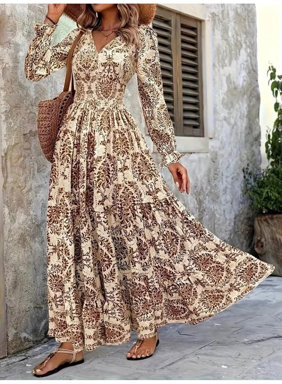 Kadın Uzun Kollu V Yakalı Desenli Süprem Elbise