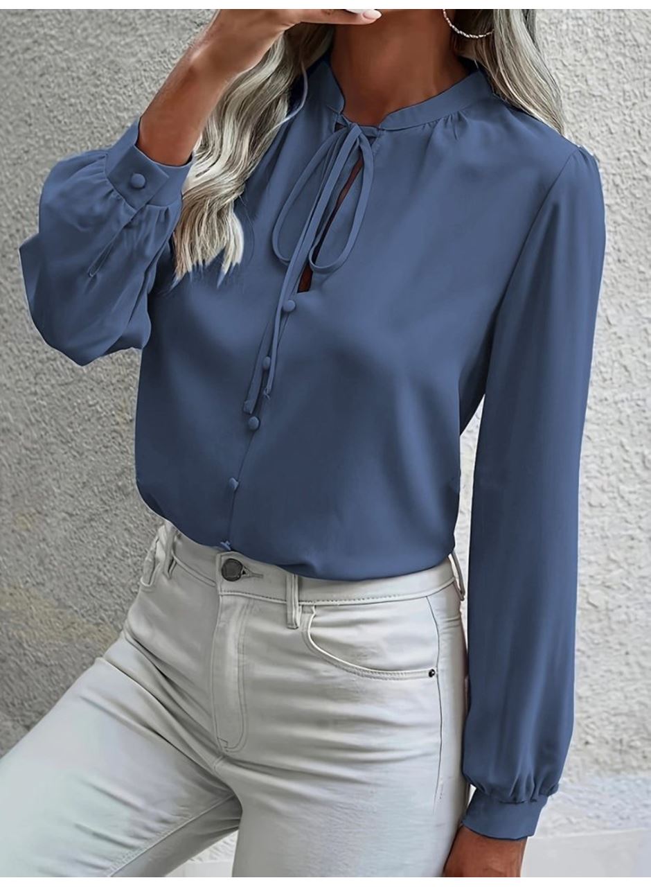 Kadın Uzun Kollu Yakalı Yakadan Bağcıklı Düğmeli Sandy Bluz