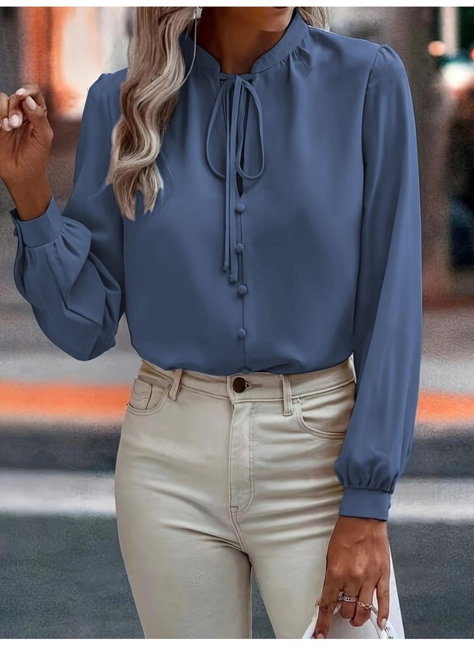 Kadın Uzun Kollu Yakalı Yakadan Bağcıklı Düğmeli Sandy Bluz