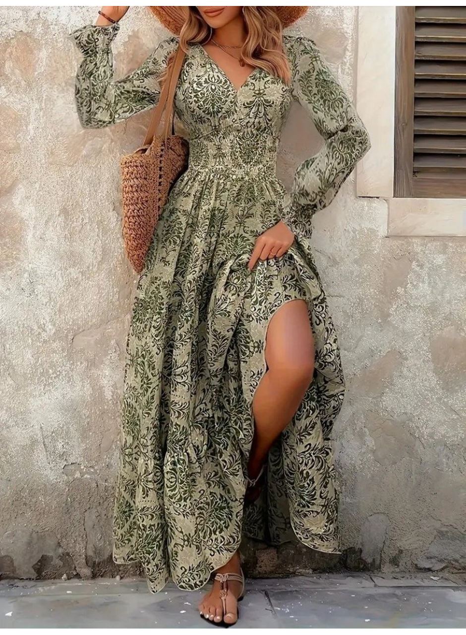 Kadın Uzun Kollu V Yakalı Desenli Süprem Elbise