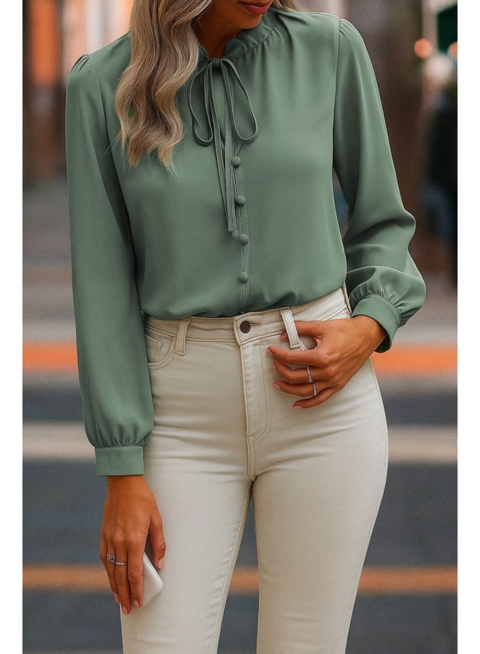 Kadın Uzun Kollu Yakalı Yakadan Bağcıklı Düğmeli Sandy Bluz