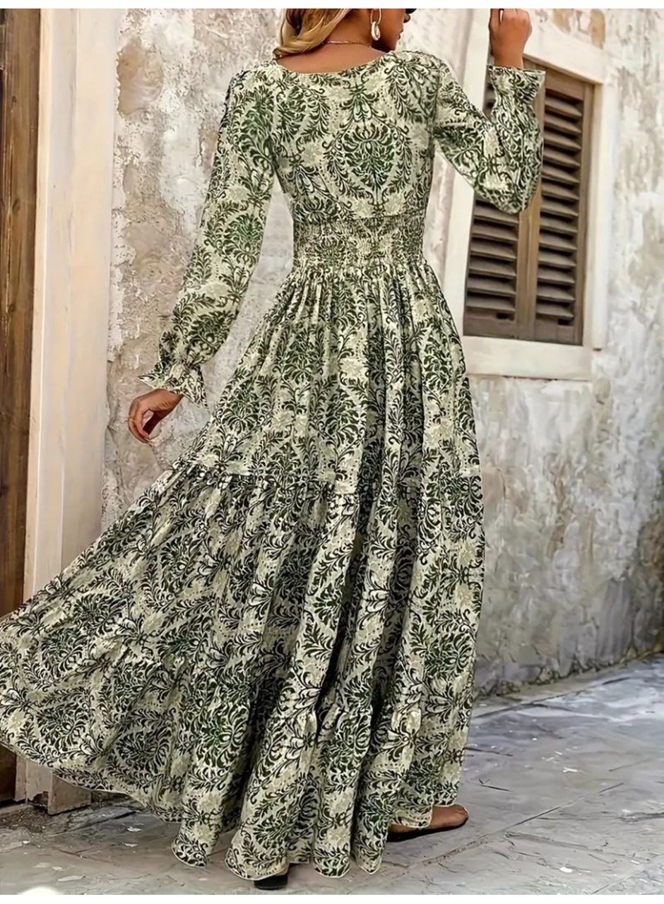 Kadın Uzun Kollu V Yakalı Desenli Süprem Elbise