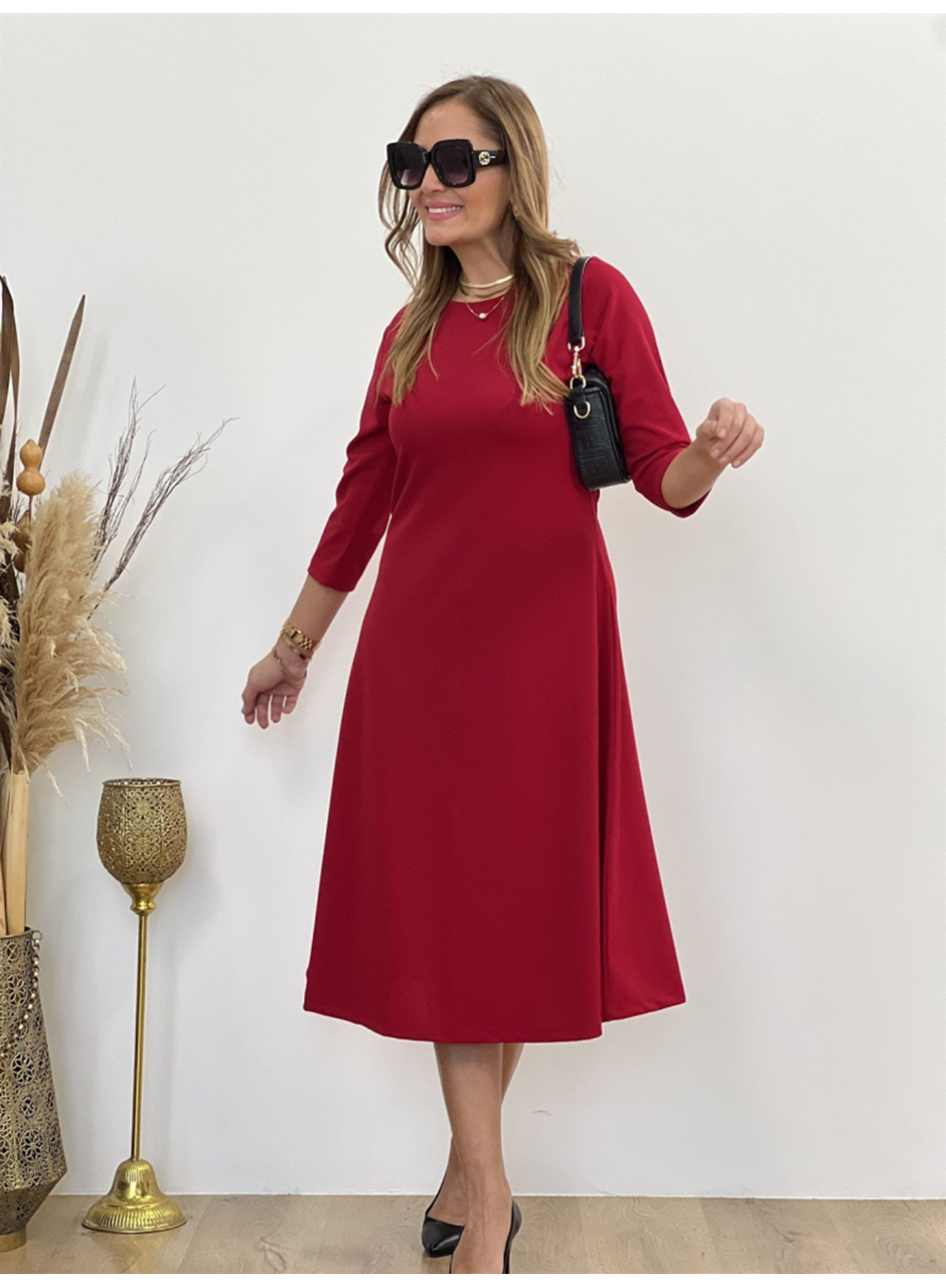 Kadın Uzun Truvakar Kol Bisiklet Yaka Midi Modal Elbise