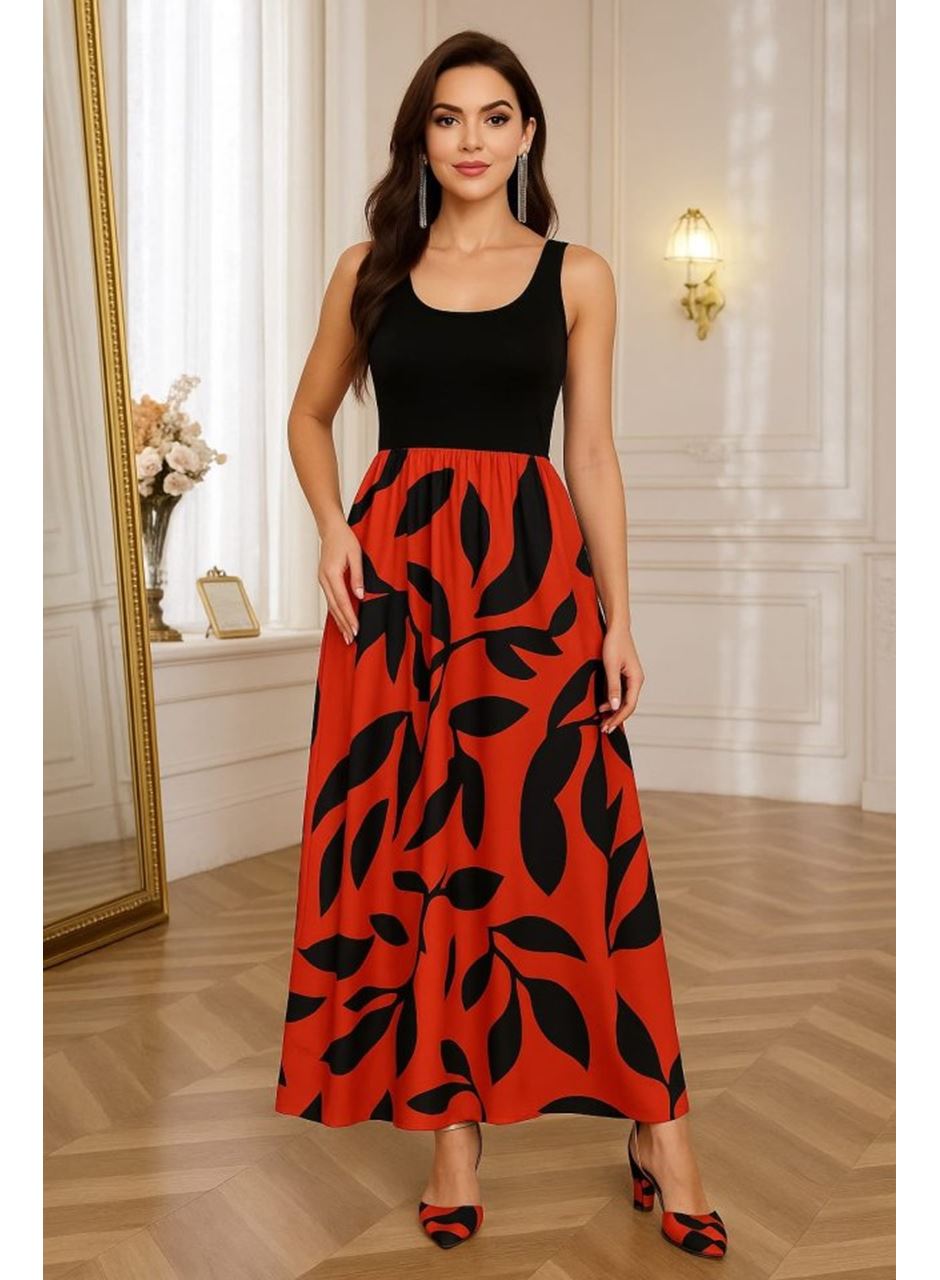 Kadın Askılı Yuvarlak Yaka üst Viskon Alt Desenli Uzun Süprem Elbise