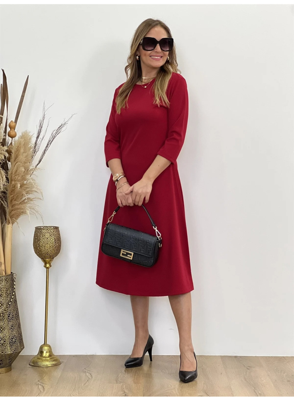 Kadın Uzun Truvakar Kol Bisiklet Yaka Midi Modal Elbise
