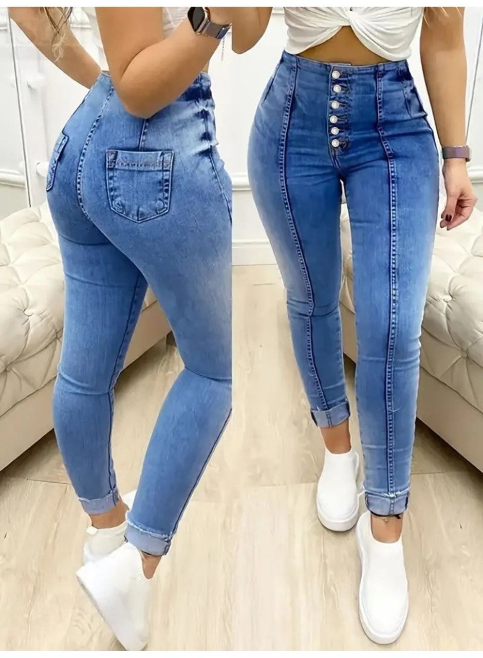 Kadın Yüksek Bel önden Düğmeli Jean Pantolon
