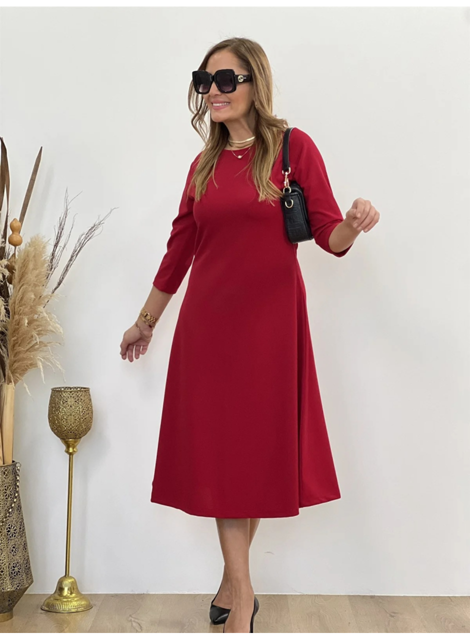 Kadın Uzun Truvakar Kol Bisiklet Yaka Midi Modal Elbise