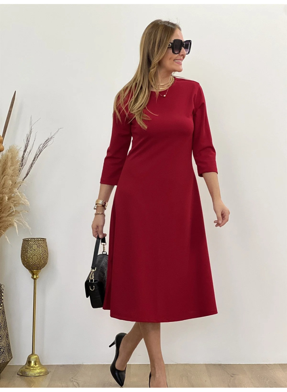 Kadın Uzun Truvakar Kol Bisiklet Yaka Midi Modal Elbise