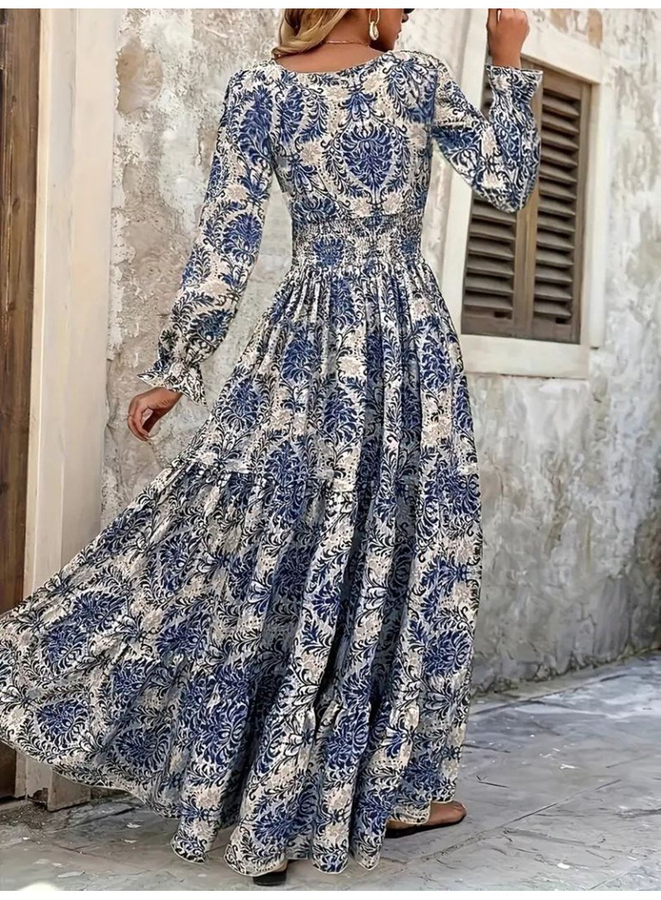 Kadın Uzun Kollu V Yakalı Desenli Süprem Elbise