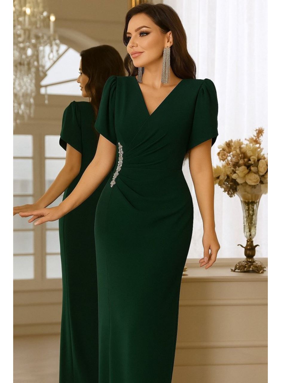 Kadın Kısa Kollu Kruvaze Yakalı Belden çiçek Aksesuarlı Yırtmaçlı Ithal Krep Elbise