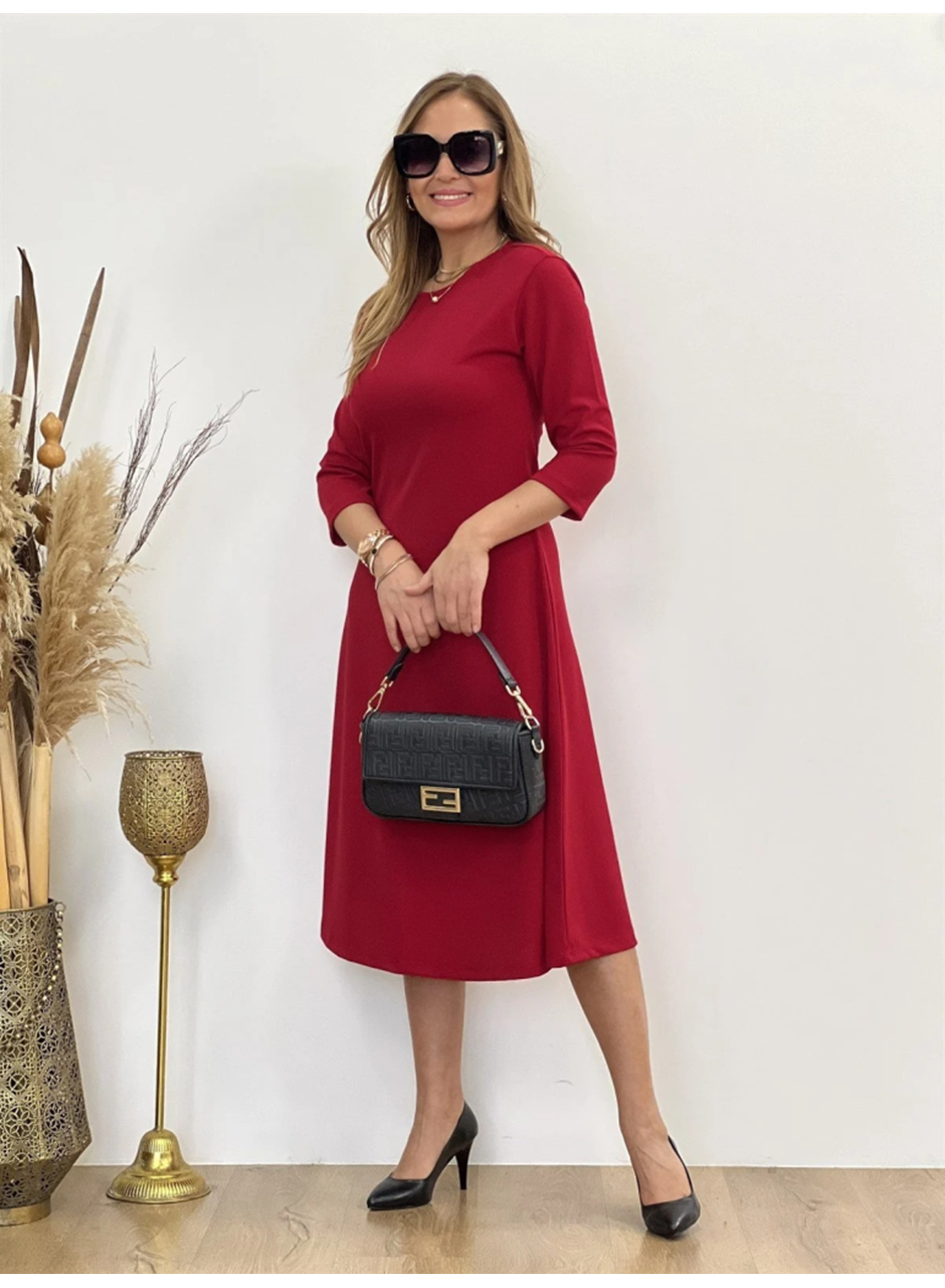 Kadın Uzun Truvakar Kol Bisiklet Yaka Midi Modal Elbise