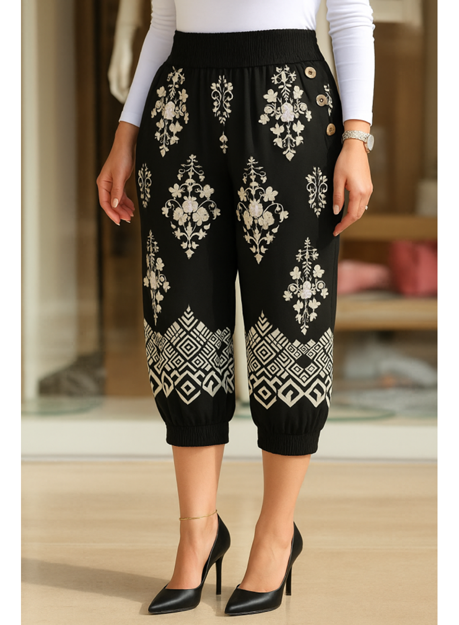 Kadın Beli Lastikli Etnik Desenli Kapri Süprem Pantolon