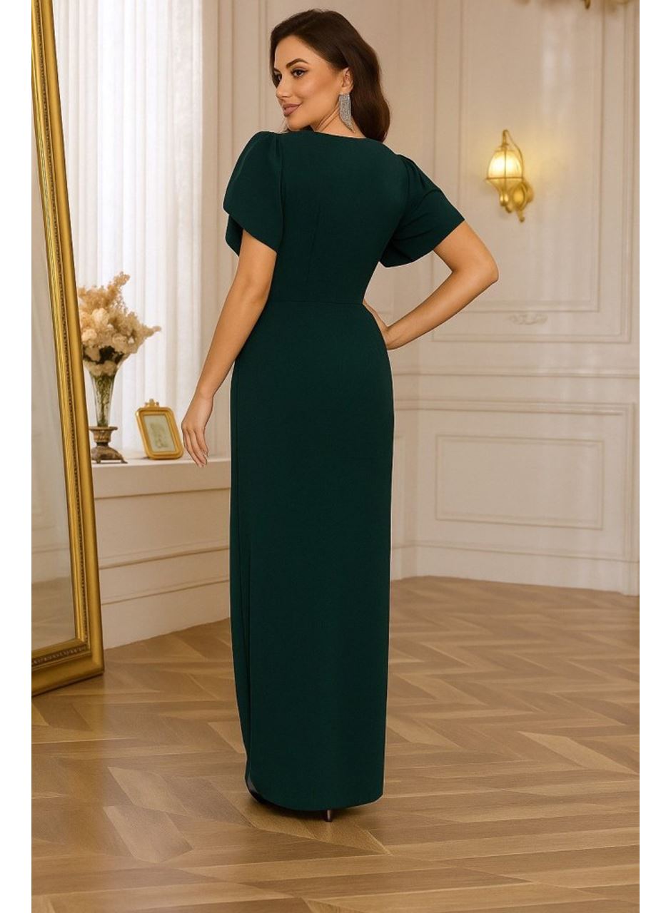 Kadın Kısa Kollu Kruvaze Yakalı Belden çiçek Aksesuarlı Yırtmaçlı Ithal Krep Elbise