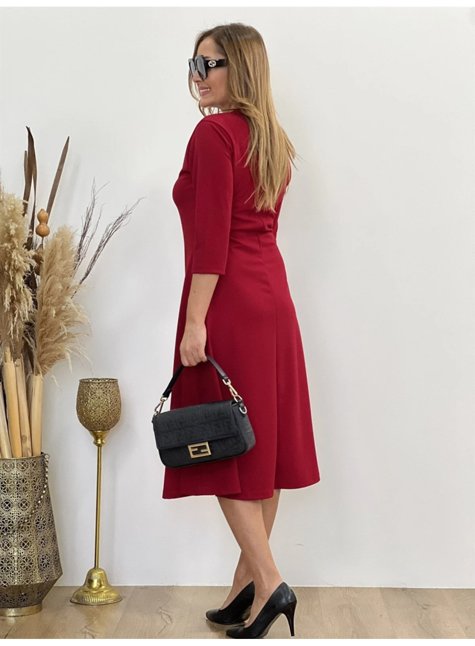 Kadın Uzun Truvakar Kol Bisiklet Yaka Midi Modal Elbise