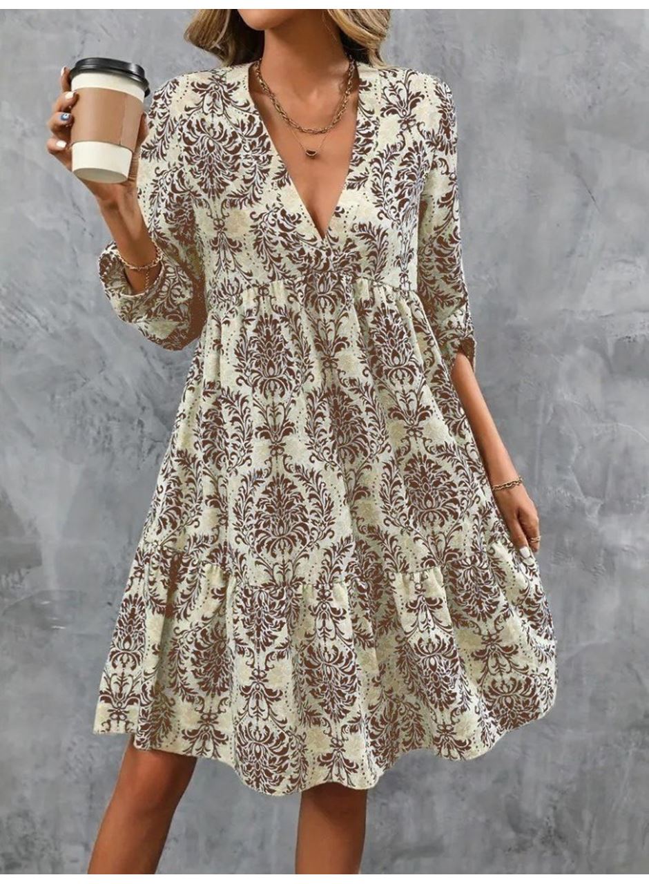 Kadın Uzun Kollu V Yakalı Fırfırlı Mini Süprem Elbise