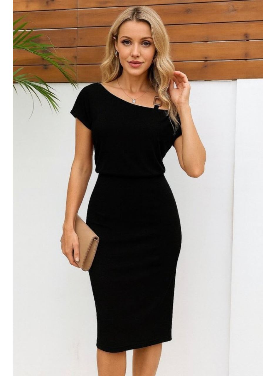 Kadın Kısa Kollu Tek Omuz Askı Ve Aksesuar Detay Beli Lastikli Krep Elbise