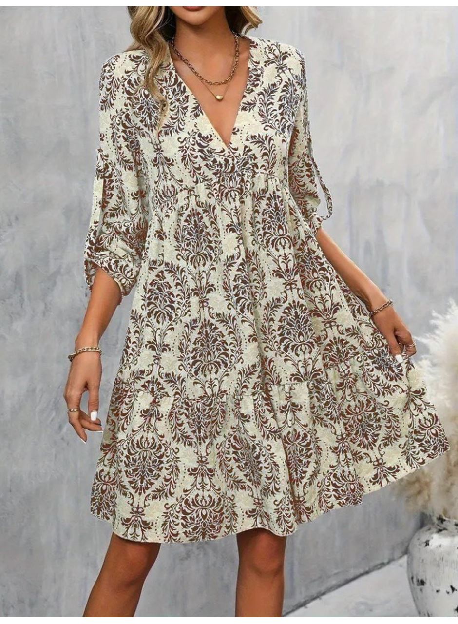 Kadın Uzun Kollu V Yakalı Fırfırlı Mini Süprem Elbise