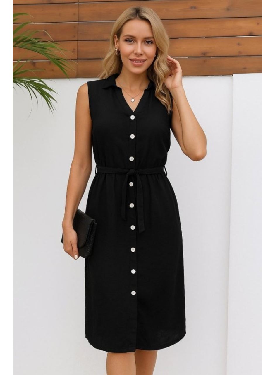 Kadın Sıfır Kollu Hakim Yaka önden Düğmeli Belden Kuşaklı Ithal Keten Elbise