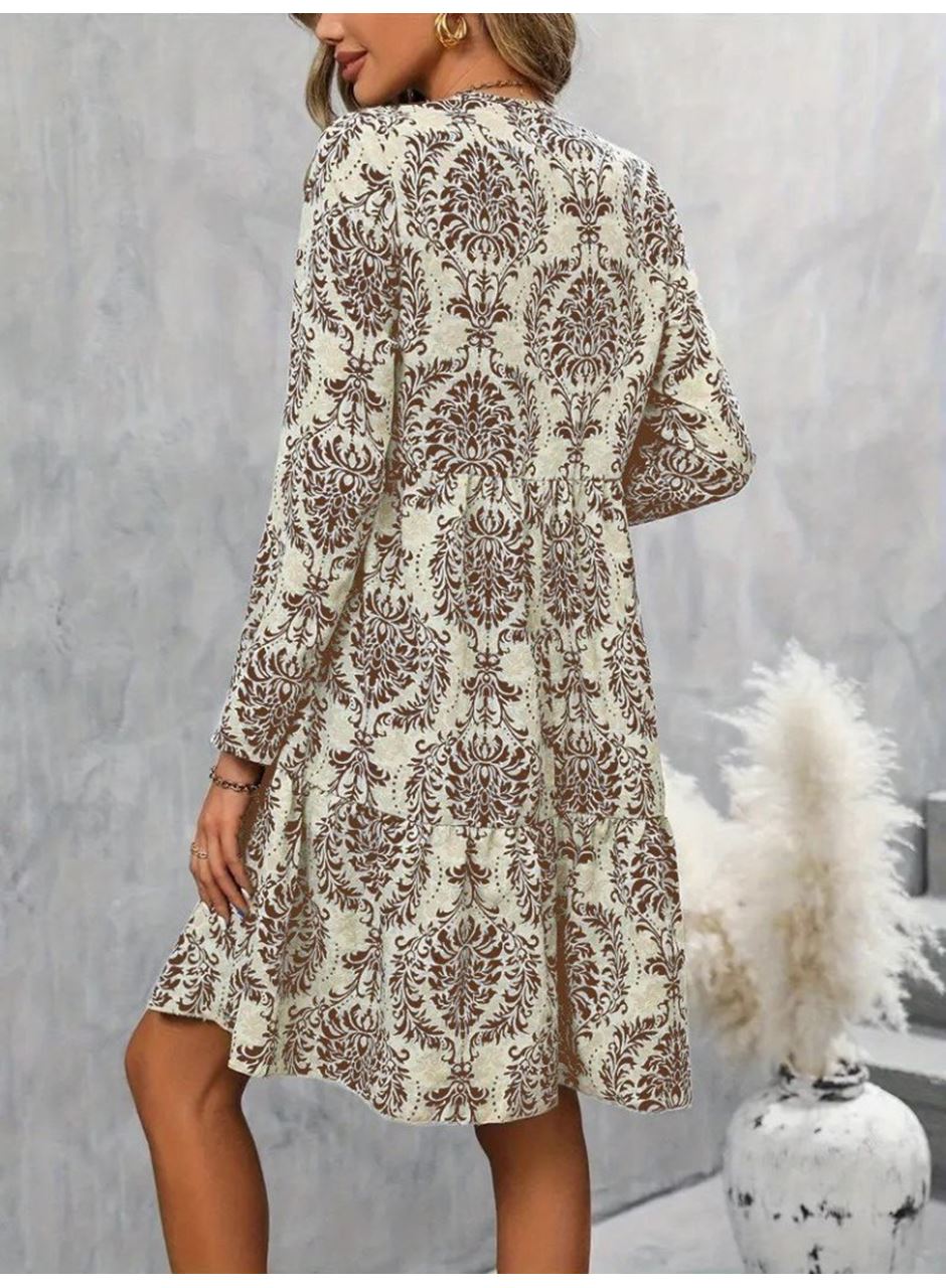 Kadın Uzun Kollu V Yakalı Fırfırlı Mini Süprem Elbise