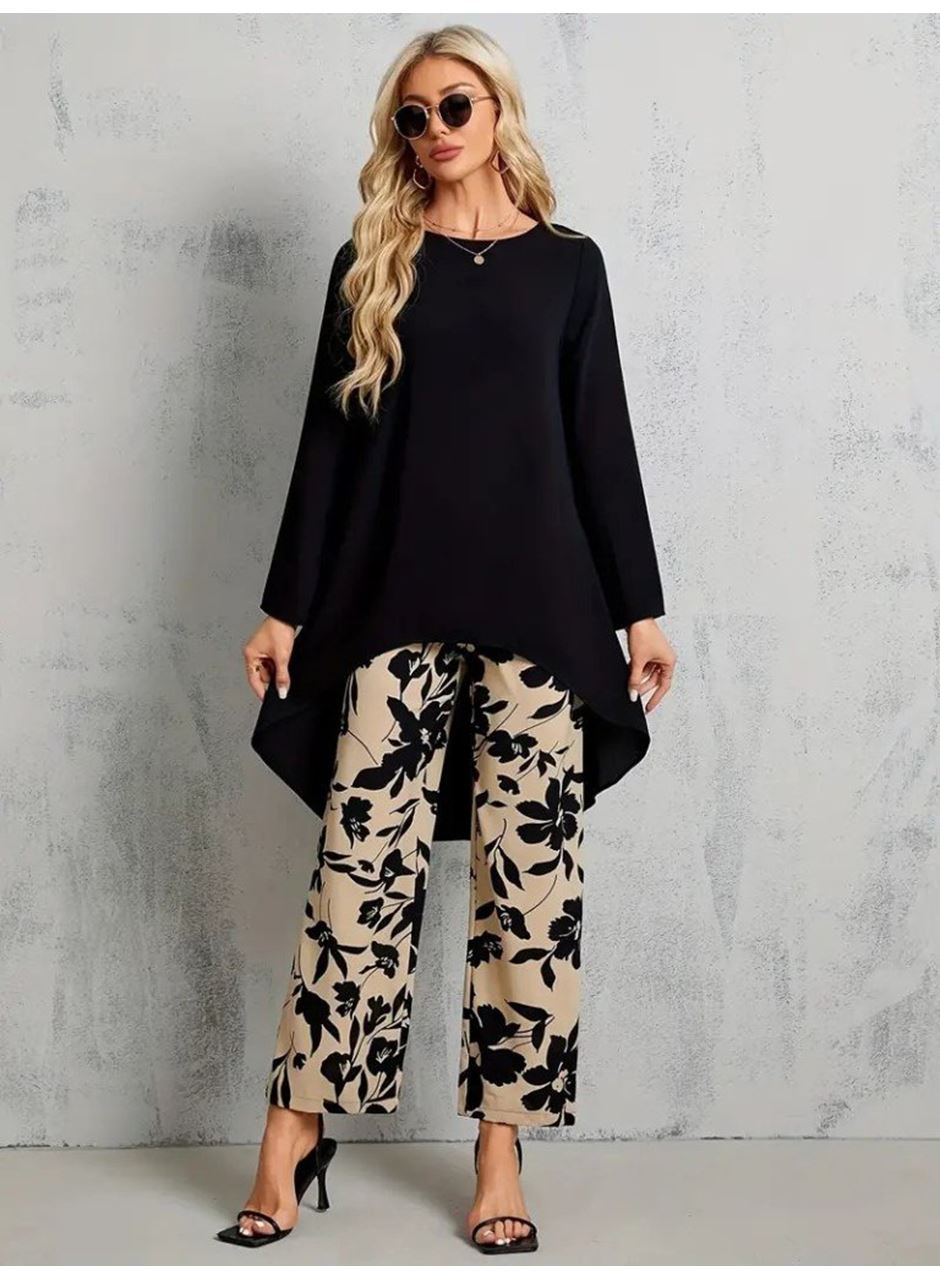 Kadın Uzun Kollu Bisiklet Yaka Asimetrik Kesim Detaylı Viskon Bluz Ve çiçek Desenli Iki Iplik Pantolon