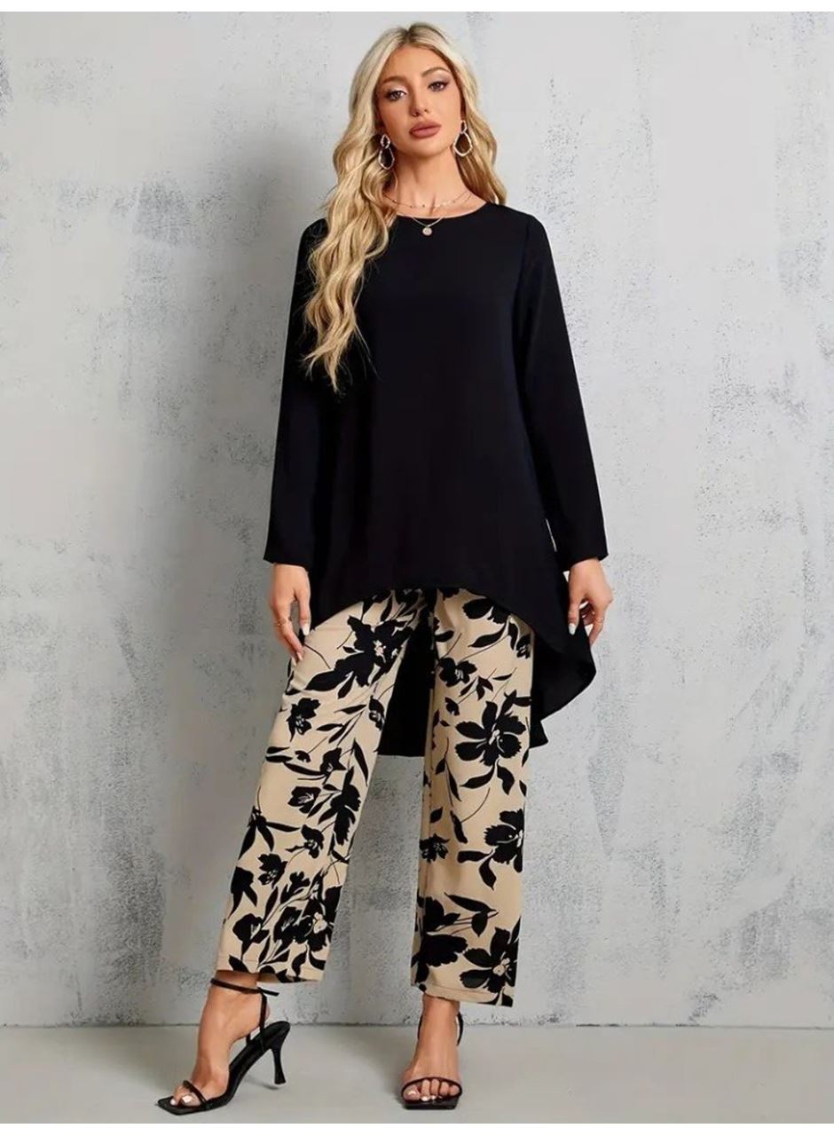 Kadın Uzun Kollu Bisiklet Yaka Asimetrik Kesim Detaylı Viskon Bluz Ve çiçek Desenli Iki Iplik Pantolon