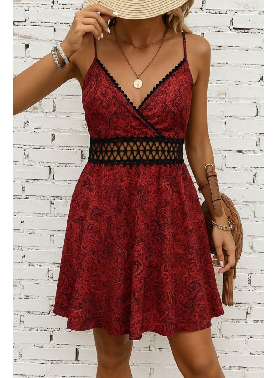 Kadın Ip Askılı Kruvaze Yakalı Desenli Mini Süprem Mini Elbise