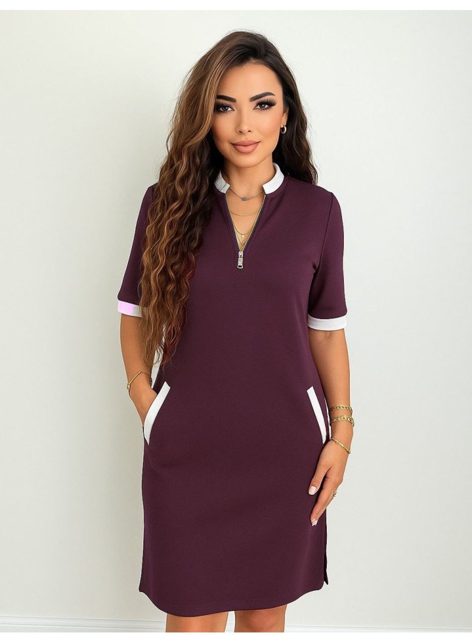 Kadın Kısa Kollu Yakadan Fermuarlı Cepli Yandan Yırtmaçlı Viskon Elbise