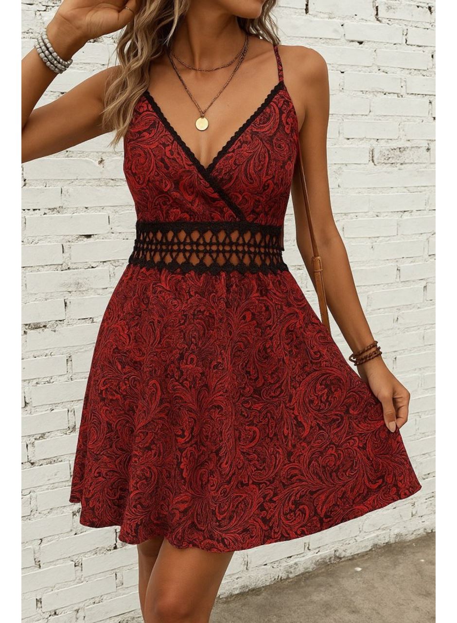 Kadın Ip Askılı Kruvaze Yakalı Desenli Mini Süprem Mini Elbise