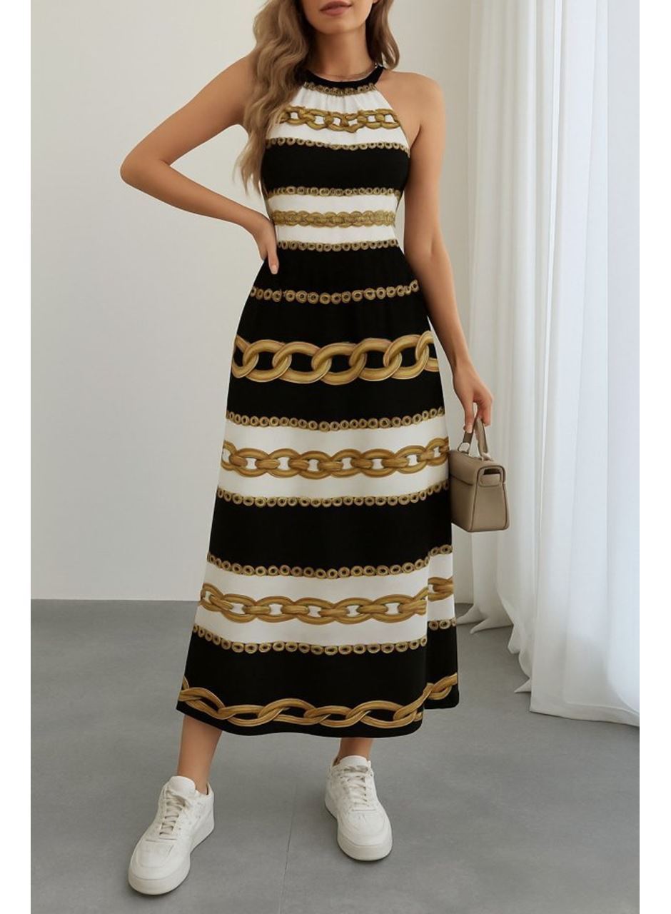 Kadın Kolsuz Boyundan Bağlamalı Beli Lastikli Dijital Baskı Süprem Uzun Elbise