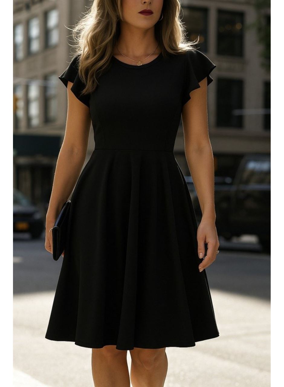 Kadın Kelebek Kollu Bisiklet Yakalı Pileli Ithal Krep Elbise