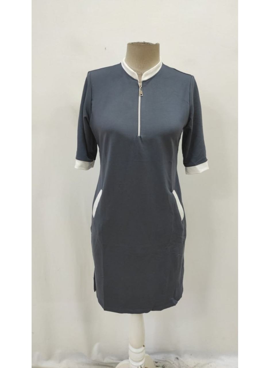 Kadın Kısa Kollu Yakadan Fermuarlı Cepli Yandan Yırtmaçlı Viskon Elbise