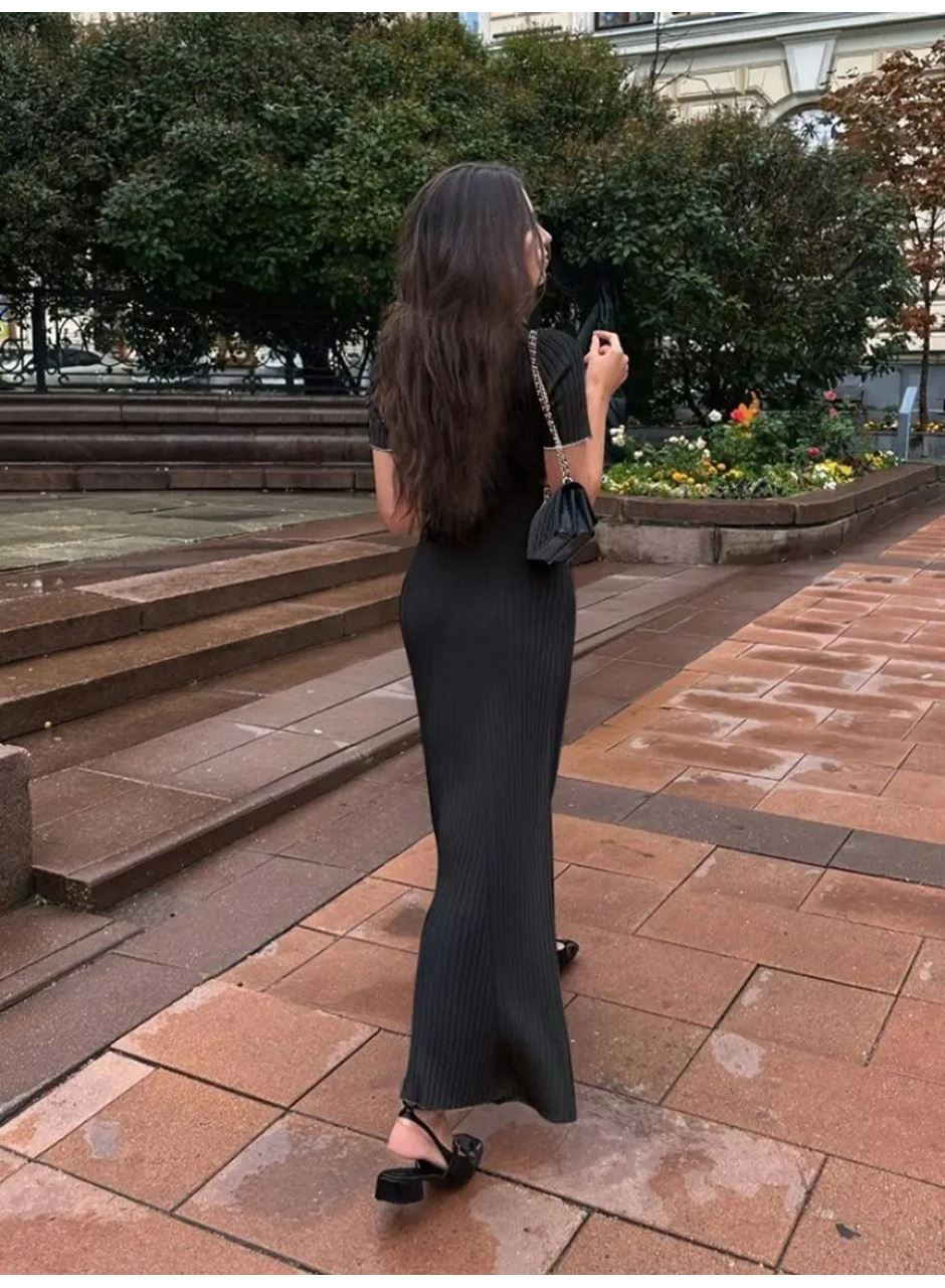 Kadın Kısa Kollu Yakalı önden Düğmeli Maxi Triko Elbise