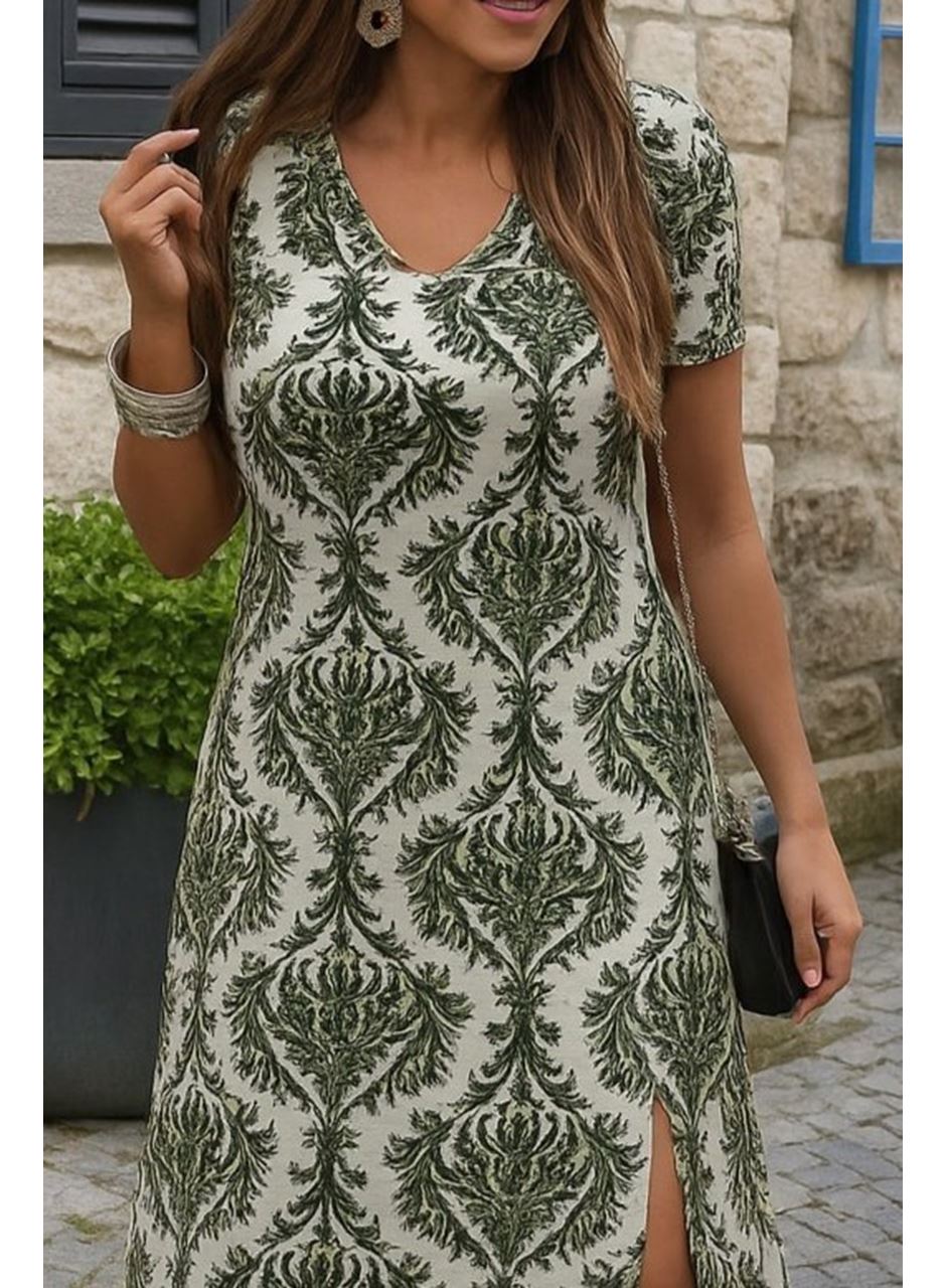 Kadın Kısa Kollu V Yakalı Maksi Boy Viskon Elbise