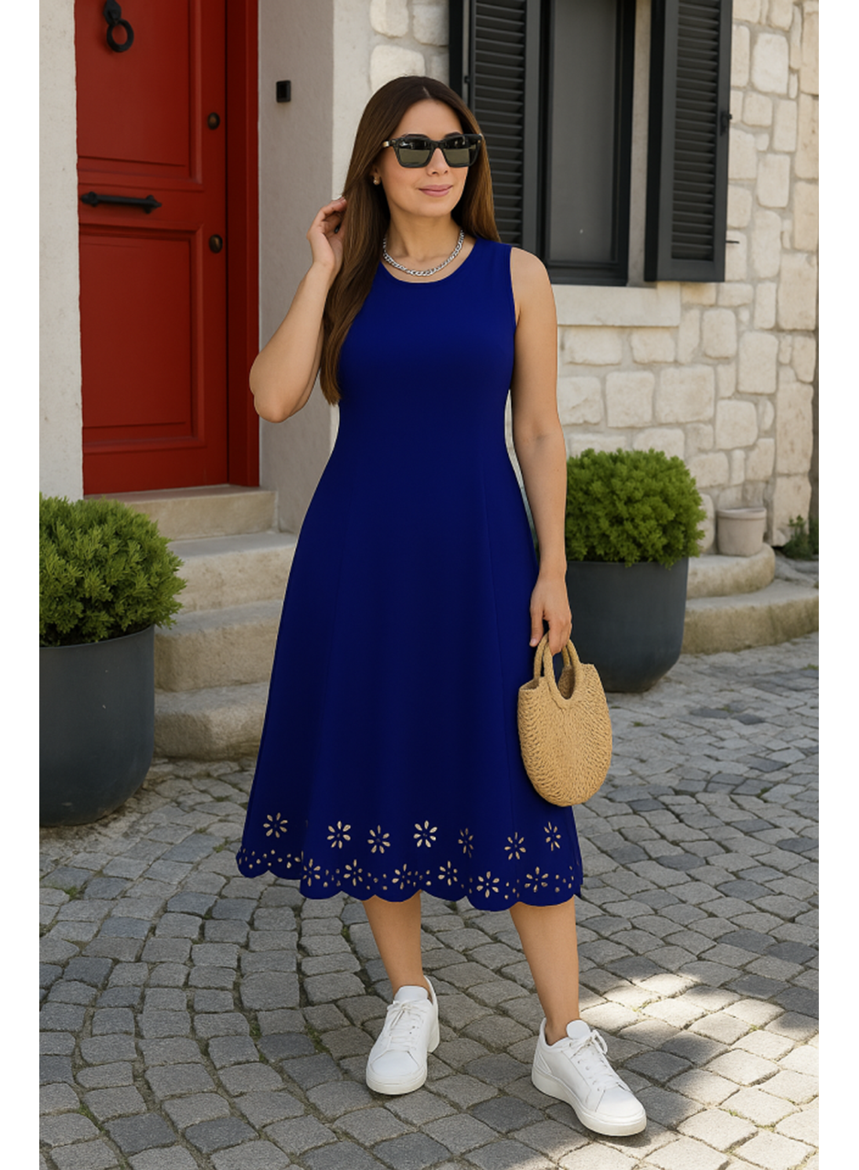 Kadın Kolsuz Etek Ucu Lazer Kesim çiçek Desenli Midi Boy Ithal Krep Elbise