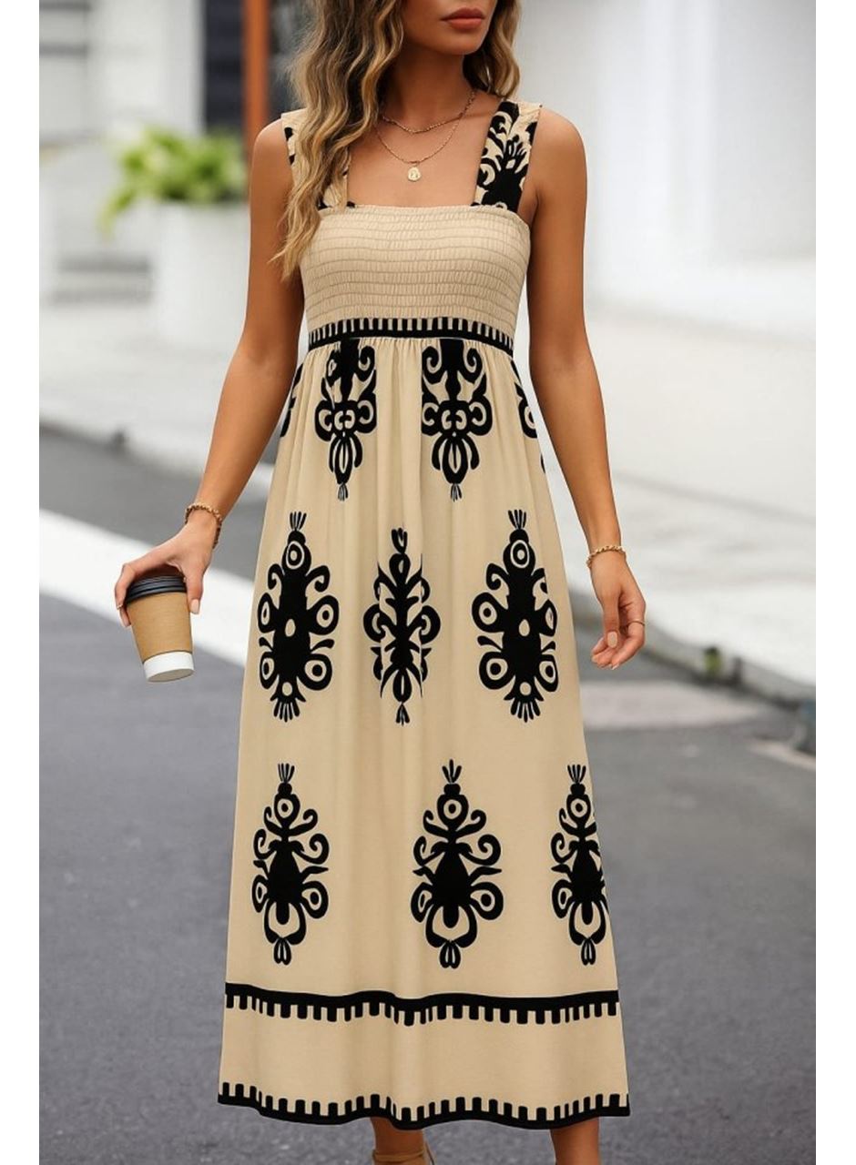 Kadın Askılı Kare Yaka Gipe Detaylı Desenli Suprem Elbise