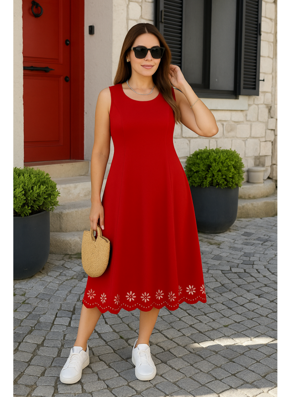 Kadın Kolsuz Etek Ucu Lazer Kesim çiçek Desenli Midi Boy Ithal Krep Elbise