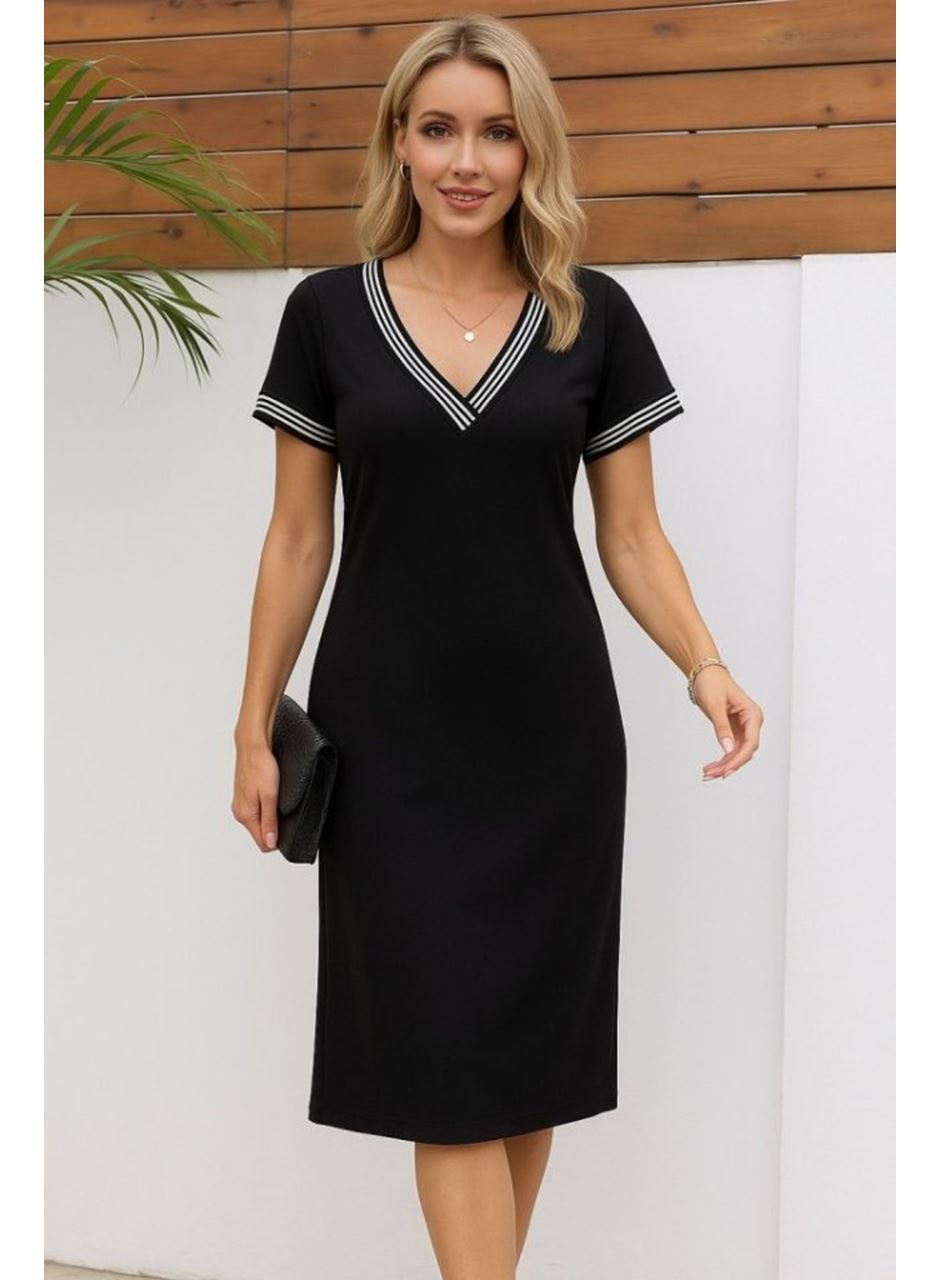 Kadın Kısa Kollu V Yakalı Yanlardan Yırtmaç Ve Düğmeli Viskon Iki Iplik Elbise