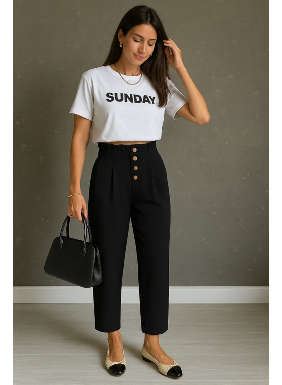 Kadın Yüksek Belli önden Düğmeli Ithal Keten Pantolon