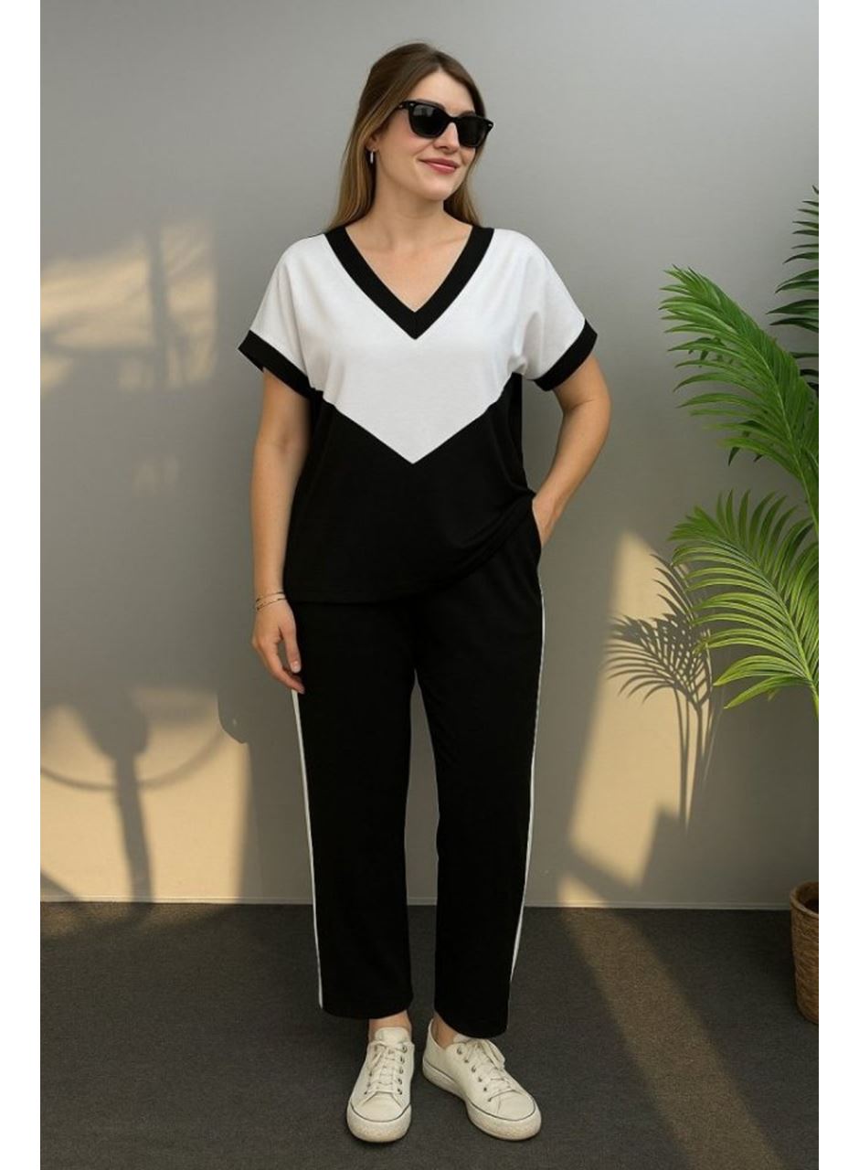 Kadın Kısa Kollu V Yaka Siyah Beyaz Renkli Viskon Iki Iplik Kumaş Eşofman Takımı