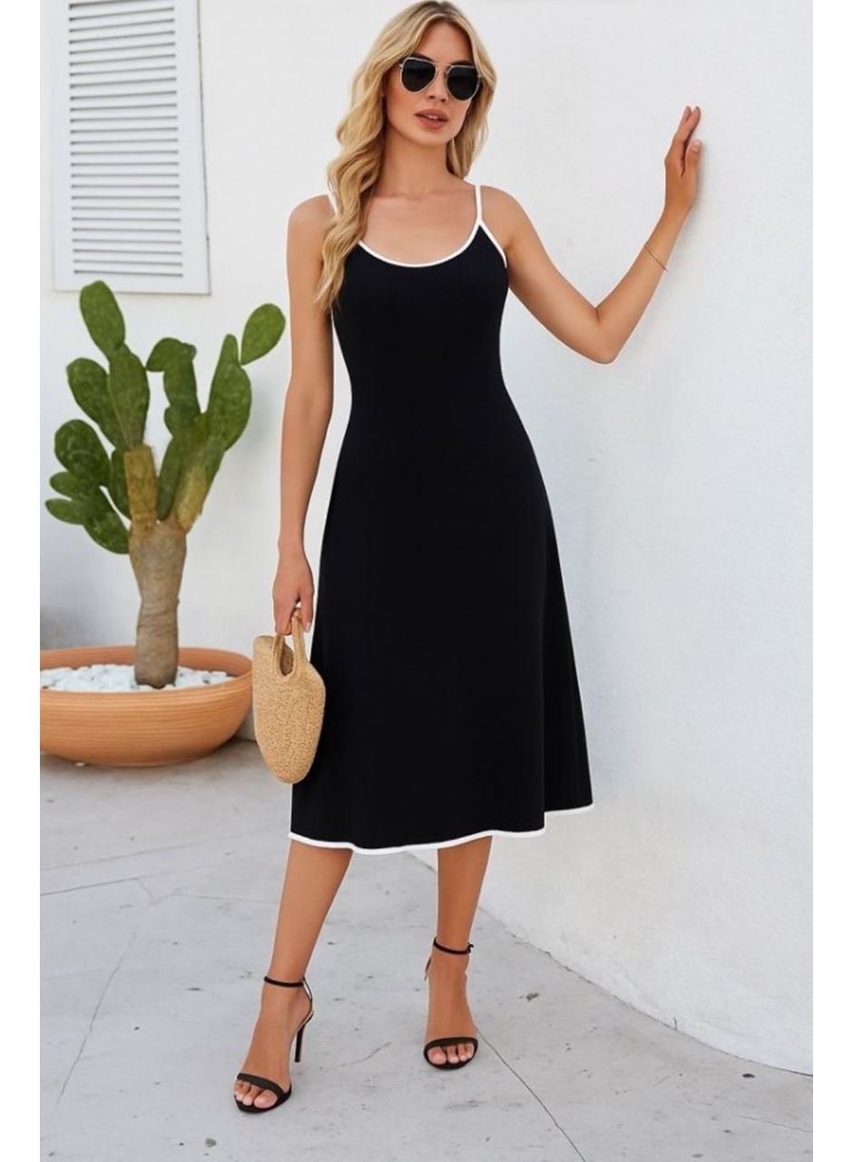 Kadın Ip Askılı Geniş V Yakalı Midi Janjan Krep Elbise